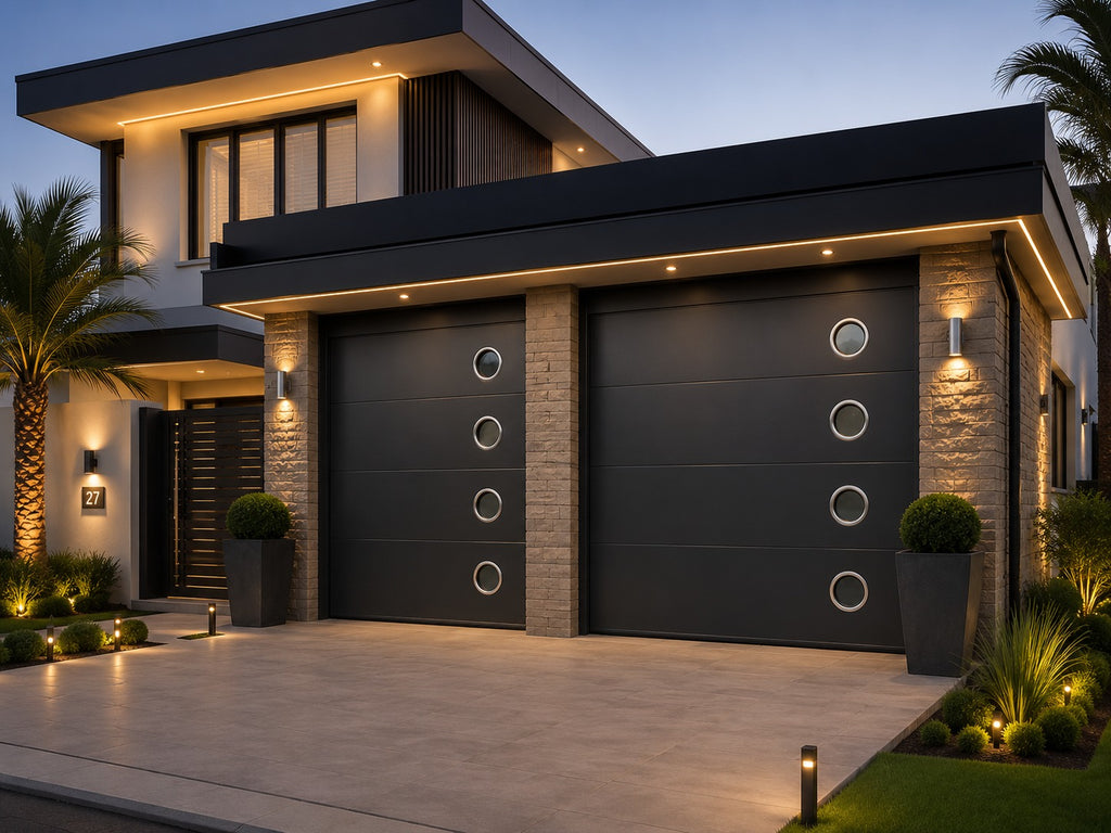 Black Sectional Garage Door With Round Windows